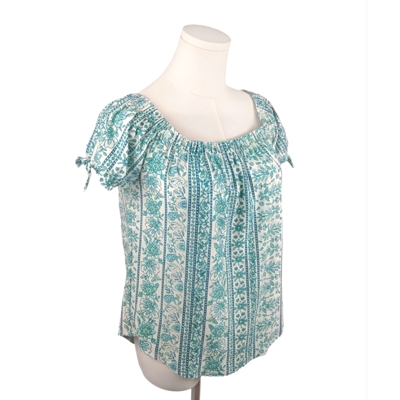 NWT Planet Gold Green Striped Boho Blouse Floral Off Shoulder Tie Sleeve Top S - Picture 6 of 8
